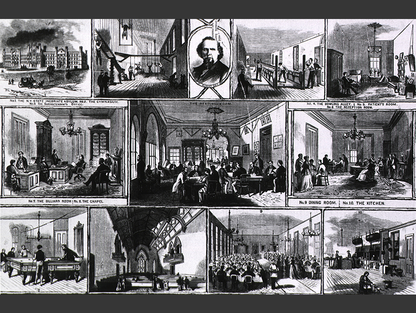 Comic-style illustration of rooms and buildings with people in an asylum