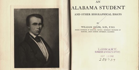 Title page and frontispiece of An Alabama Student and Other Biographical Essays by William Osler. The frontispiece is a black and white engraving of the head and shoulders right pose of John Bassett.