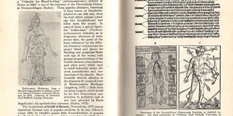 An Introduction to the History of Medicine, with Medical Chronology, Bibliographic Data and Test Questions by Fielding Garrison open to page 134 and 135. On page 134 on the left side is an illustration of a man with zodiac signs drawn over his body. On page 135 are two illustrations on the bottom. The left one is showing the points for blood-letting under the signs of the Zodiac. The right illustration is wound man showing a man with wounds from many different kinds of weapons.